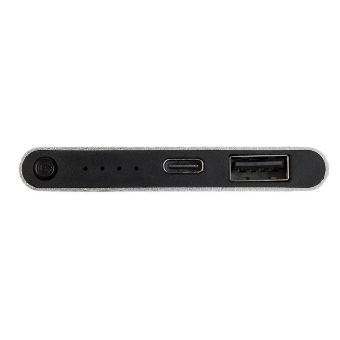 A black and silver power bank featuring a USB port, a USB-C port, and battery level indicators.