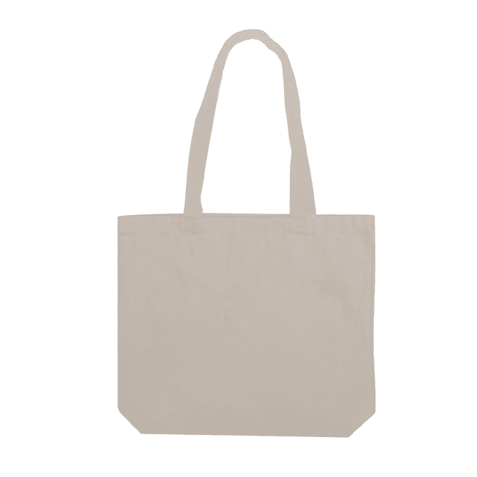 A beige canvas tote bag with two shoulder straps and a simple design. It has a logo on one side.