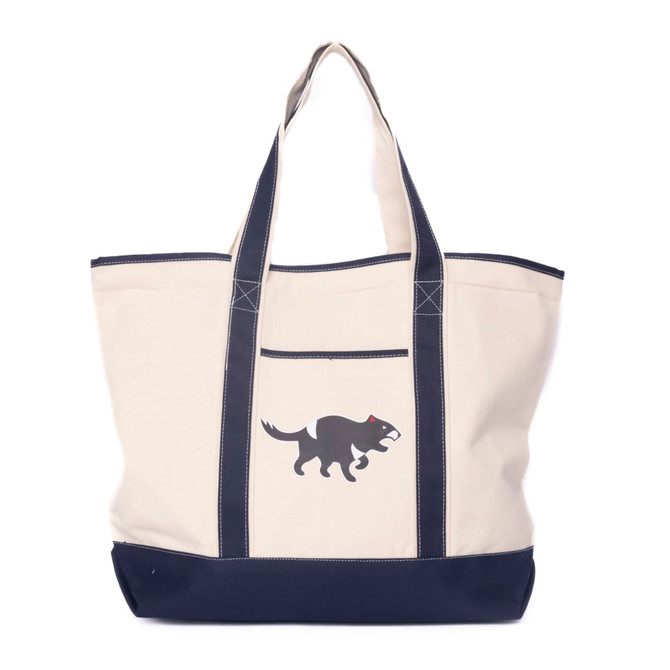 A cream tote bag with navy straps and a central logo featuring a stylised animal design.