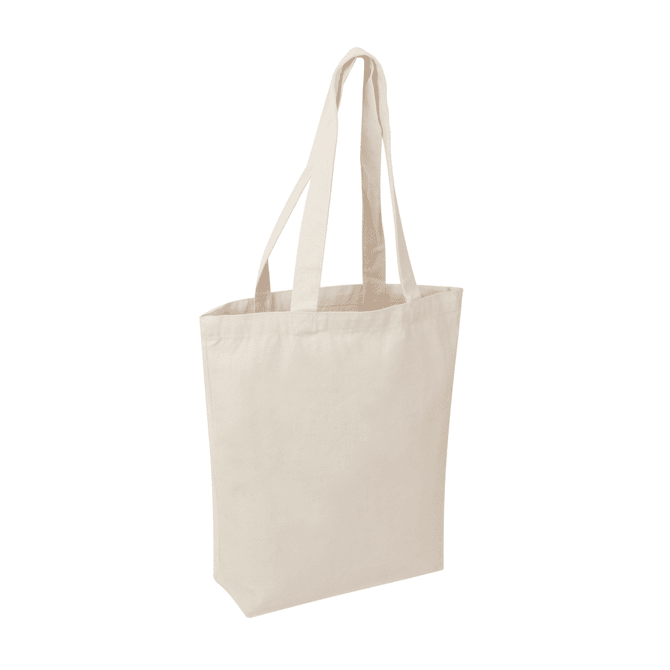 A beige natural canvas tote bag with long handles and a simple design, featuring a logo.