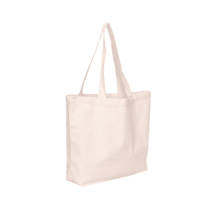 A natural canvas tote bag in cream, featuring two sturdy handles and no visible logos.