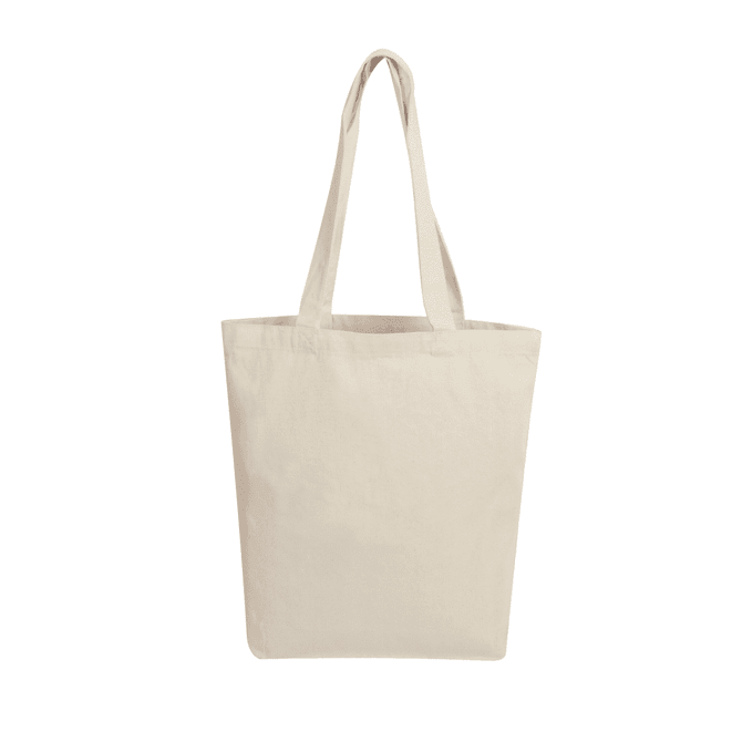 A natural beige canvas tote bag with two shoulder straps and an empty interior, featuring a logo.