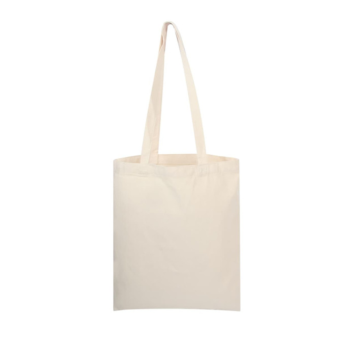 A cream-coloured canvas tote bag with long handles and a blank front, featuring a logo on one side.