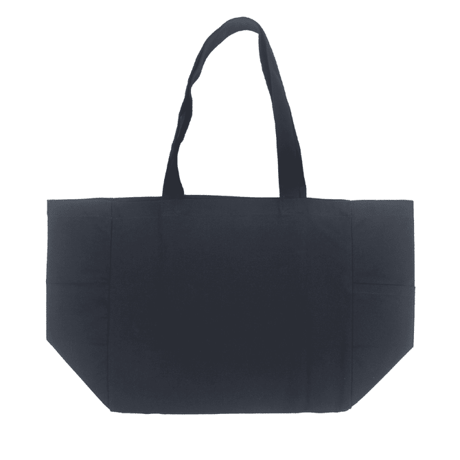 A large black canvas tote bag with two sturdy handles and side pockets. It features a logo.