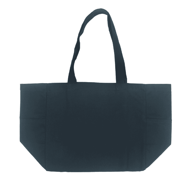 A dark blue canvas tote bag with two handles and pockets on the sides, featuring a logo.