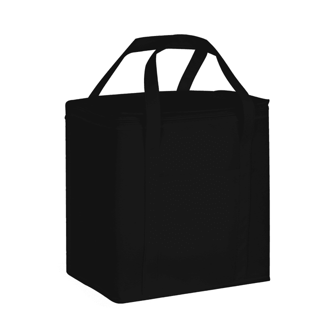A black 20 litre non-woven cooler bag with two handles and a front pocket.