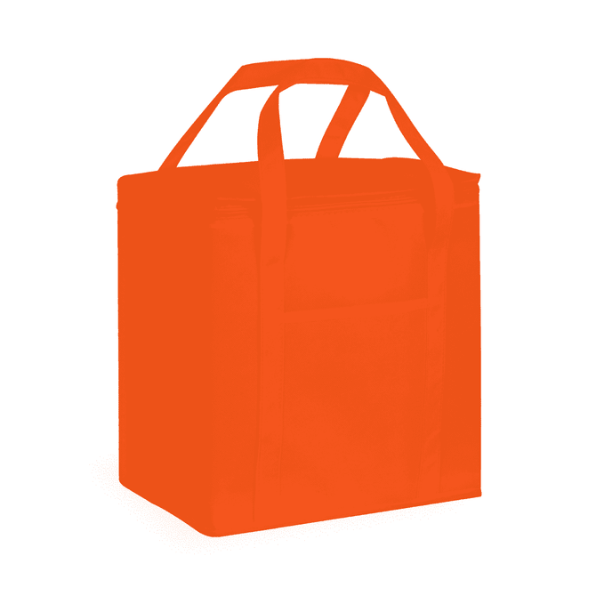 An orange 20 litre non-woven cooler bag with handles and a side pocket, featuring a logo.