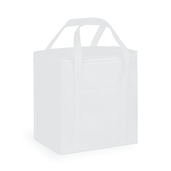 A 20-litre non-woven cooler bag in white, featuring handles and a front pocket. It has a logo on the side.