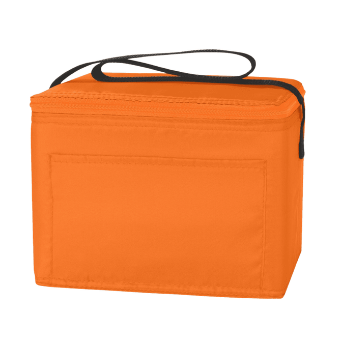 An orange nylon cooler bag with a zip closure and a black handle on top. It has a plain design and features a branding logo.