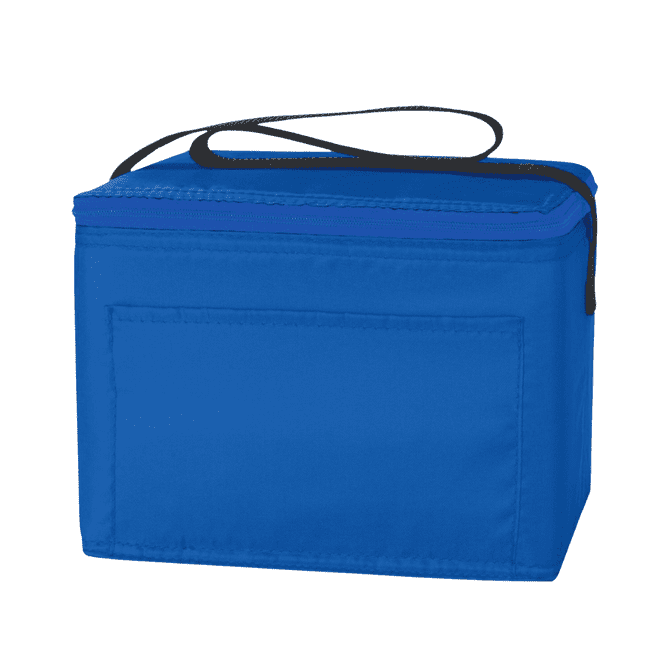 A blue nylon cooler bag with a zippered closure and a black shoulder strap. It features a flat front pocket and branding.