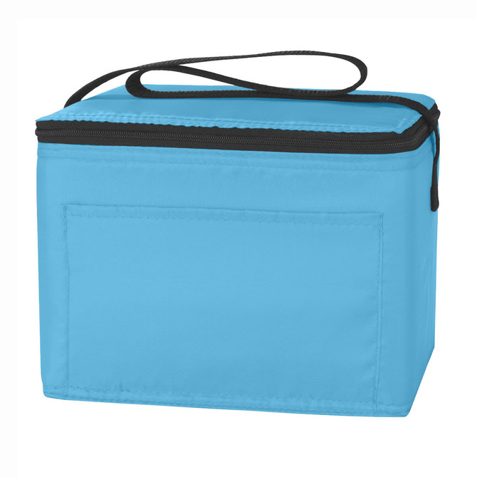 A blue nylon cooler bag with a zip closure and a carrying handle. It features a front pocket and has a simple design.