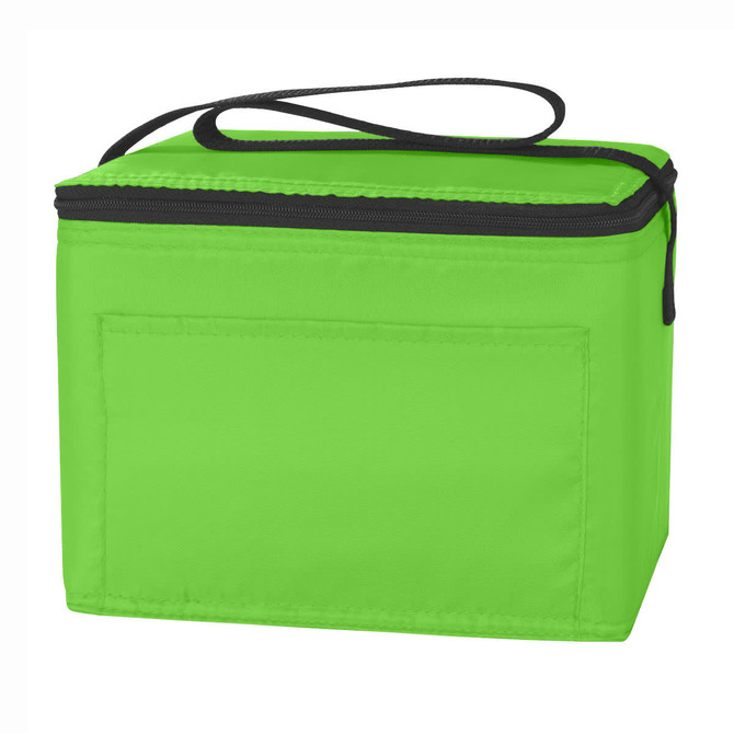 A green nylon cooler bag with a zipper and a black handle, featuring a plain front panel and a boxy shape.