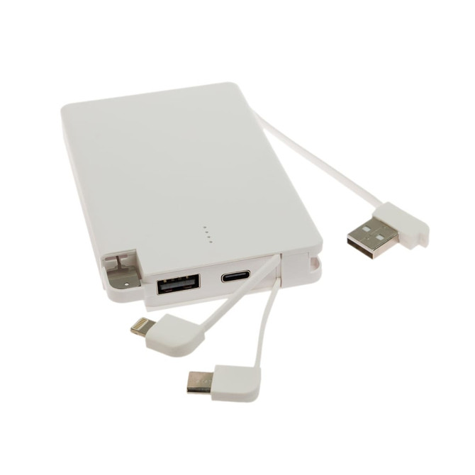 A white power bank with multiple charging cables, featuring a USB and USB-C port.