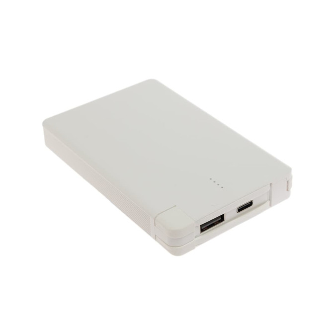 A white Arya 10,000mAh power bank with a slim design. It features a USB port and a USB-C port for charging devices.