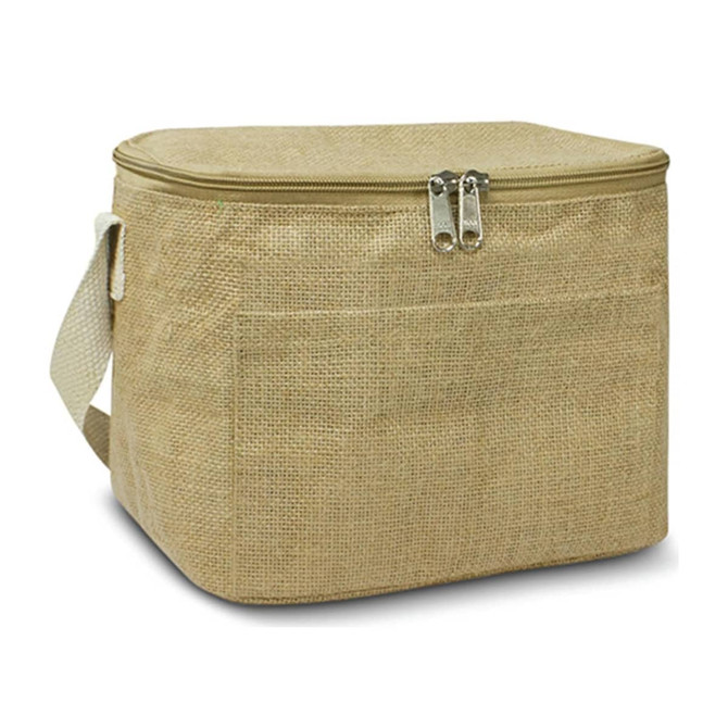 A jute cooler bag in a natural tan colour, featuring a zip closure and a side pocket. It has a shoulder strap and a logo.