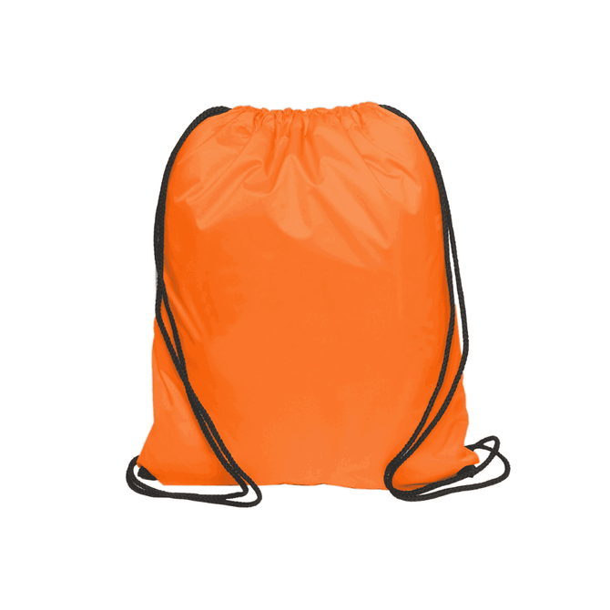 An orange nylon drawstring bag with black cords. The bag features a simple design and has a logo.