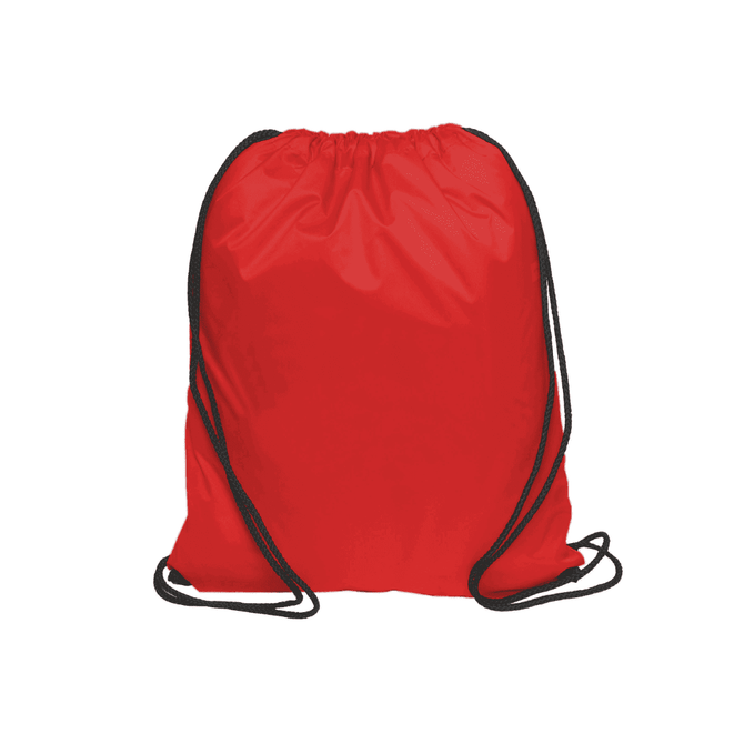 A red nylon drawstring bag with black cord straps, featuring a logo.