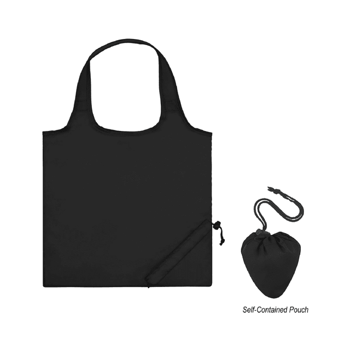 A black nylon foldable bag alongside a self-contained pouch, featuring a drawstring closure.
