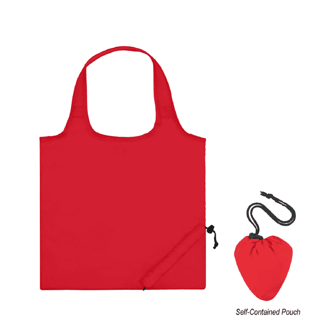 A red nylon foldable bag positioned next to its self-contained pouch, featuring a drawstring closure.