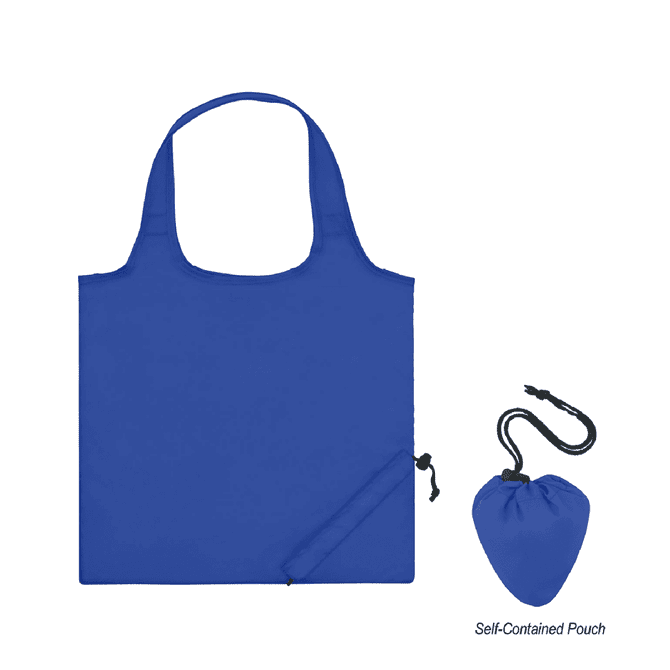 A blue nylon foldable bag with a self-contained pouch for storage, featuring a simple design and two handles.
