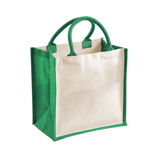 A medium jute supermarket tote bag in natural and green with handles and a logo on one side.