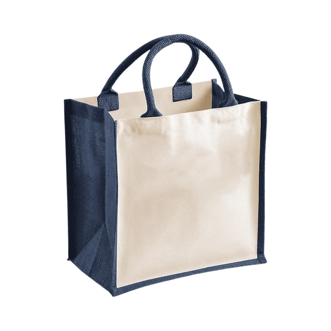 A medium jute supermarket tote in cream and navy, featuring sturdy handles and an unbranded design.