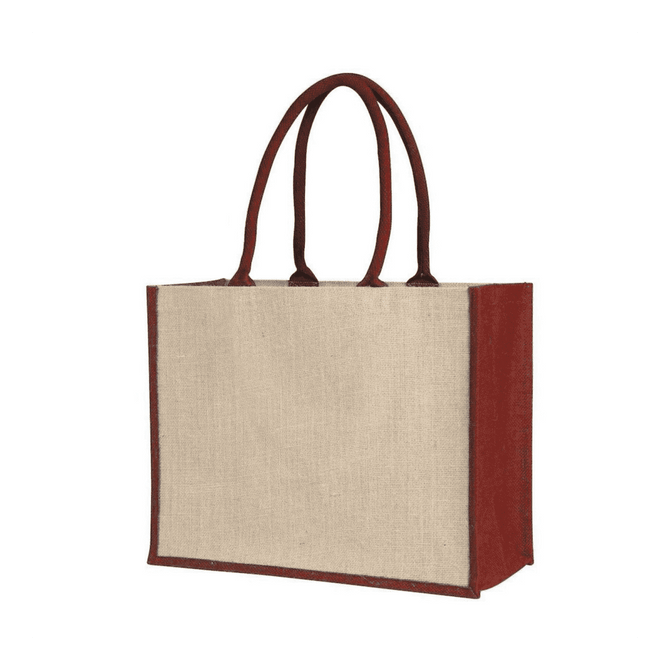 A jute supermarket bag with red handles and gussets, featuring a natural coloured body and a simple design.
