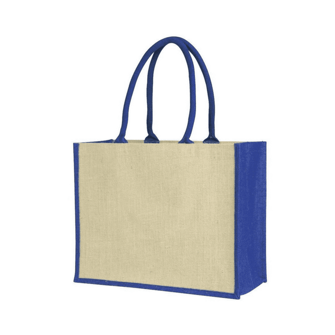 A jute supermarket bag with blue handles and gussets, featuring an unprinted natural exterior and a branding logo.