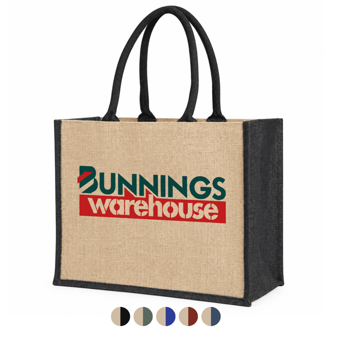 A jute supermarket bag with a natural tan body, black handles, and coloured gussets, featuring a logo.