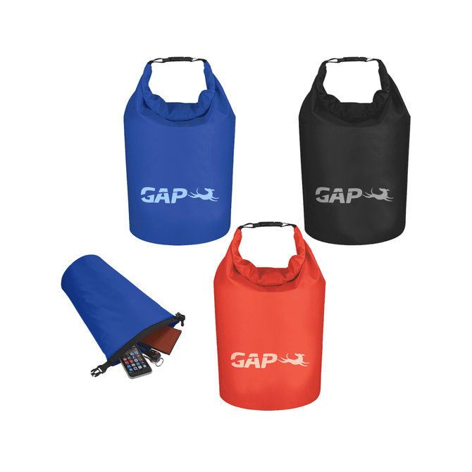A set of waterproof dry bags in blue, black, and red, featuring a logo and a closed bag with items inside.