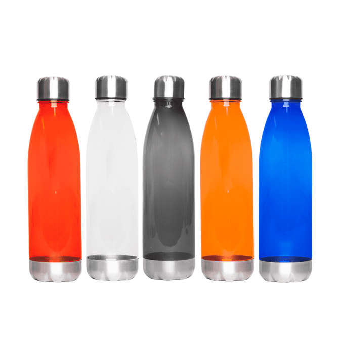 A drink bottle collection featuring red, clear, grey, orange, and blue options, each with a stainless base and cap.