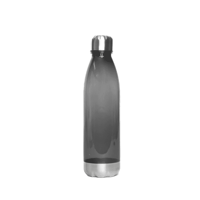 A drink bottle in grey plastic with a stainless steel base and cap, featuring a logo.