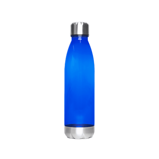A drink bottle featuring a vibrant blue body with a stainless steel base and cap, alongside a logo.