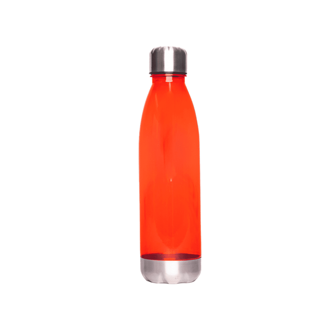 A drink bottle in bright red with a stainless steel base and cap, featuring a logo.