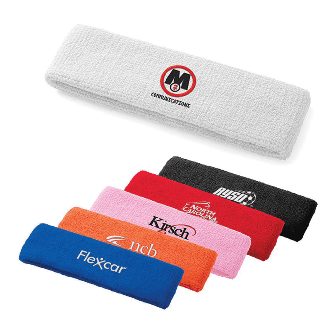 A collection of five plush terry sport headbands in white, blue, pink, black, and red, featuring various logos.