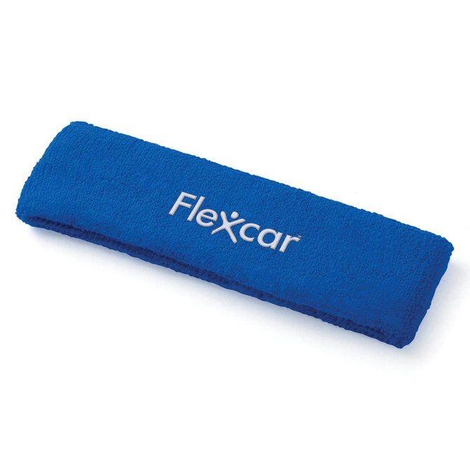 A blue plush terry sport headband with a logo. Soft texture, designed for headwear.