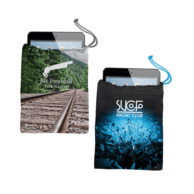 Two microfibre tablet pouches in grey and black, each holding a tablet, featuring different designs and logos.