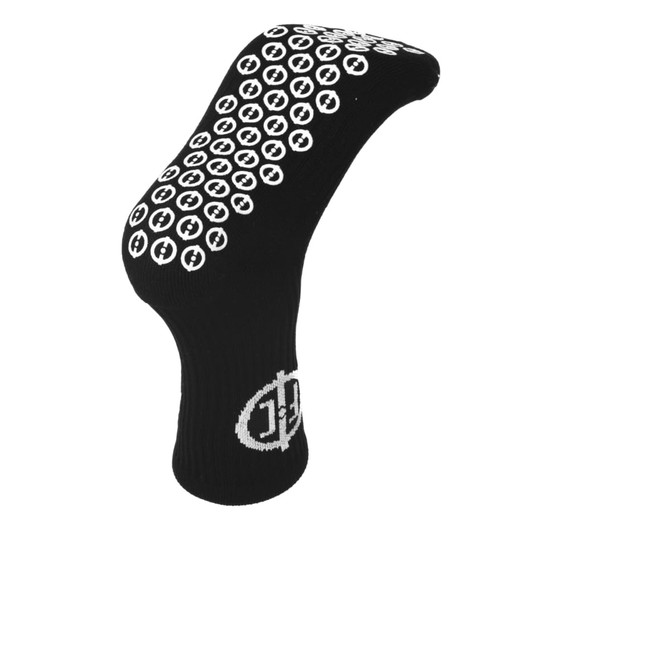 Black socks featuring textured grip patterns on the soles and a logo on the side.