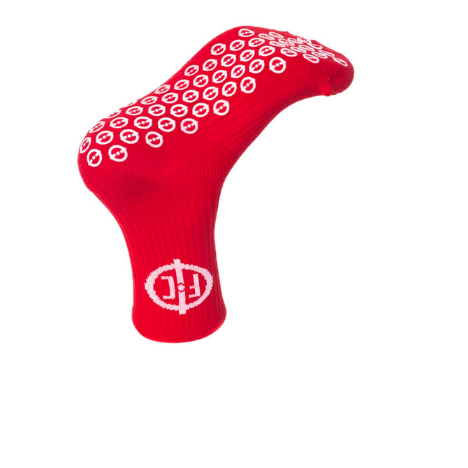 A pair of red Crew Gripper Socks featuring a textured grip pattern and a logo.
