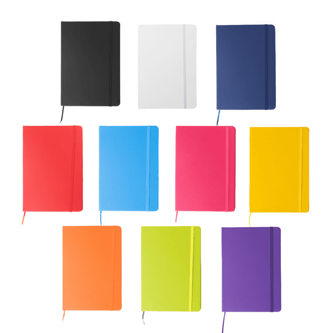 A selection of A5 notebooks in various colours including black, white, blue, pink, yellow, and green, featuring elastic closures.