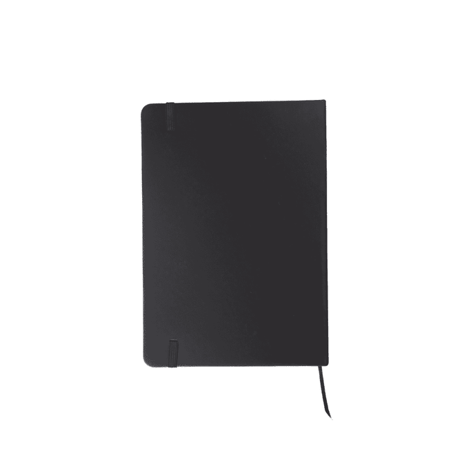 A5 notebook in black featuring an elastic band closure and a ribbon bookmark, with a logo on the cover.