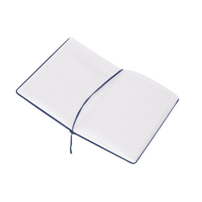 A5 notebook with a navy blue cover, featuring lined pages and a matching elastic band closure.