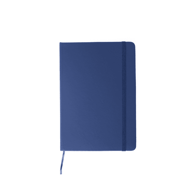 A5 notebook in a deep blue colour with an elastic band and a ribbon bookmark. Features a logo on the cover.