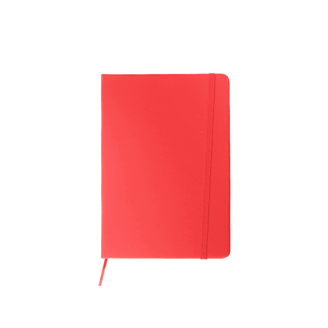 A5 notebook in a vibrant red colour with a matching elastic closure and a branding logo on the cover.