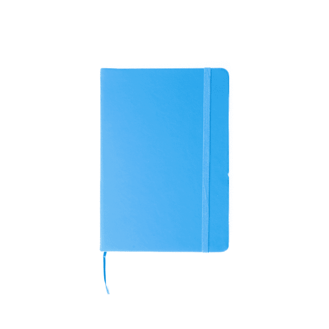 A5 notebook in bright blue with a elastic band closure, featuring a logo on the cover.