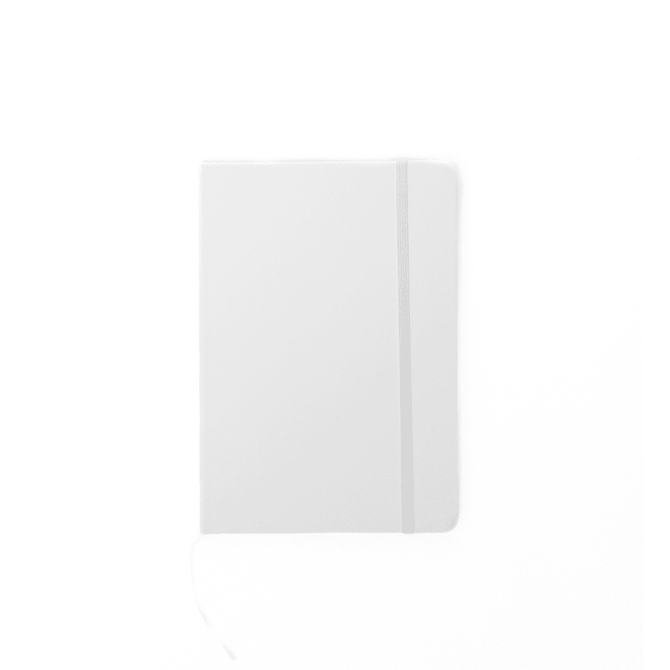 A5 notebook in white with a ribbon marker and an elastic band closure. It features a branding logo on the cover.