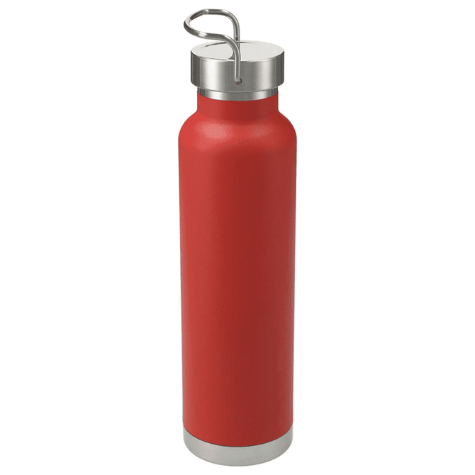 A drink bottle in vibrant red with a stainless steel cap and base, featuring a loop for easy carrying.