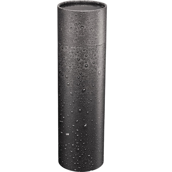 A drink bottle in a sleek black finish with a textured surface, featuring a logo. Copper vacuum insulated, 650ml capacity.