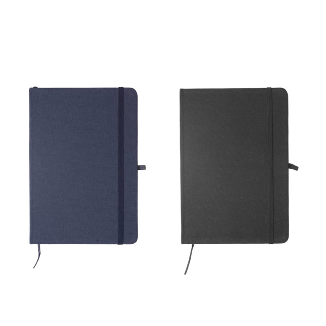 A fabric-covered A5 notebook in navy blue and black, featuring an elastic band closure and ribbon bookmark.