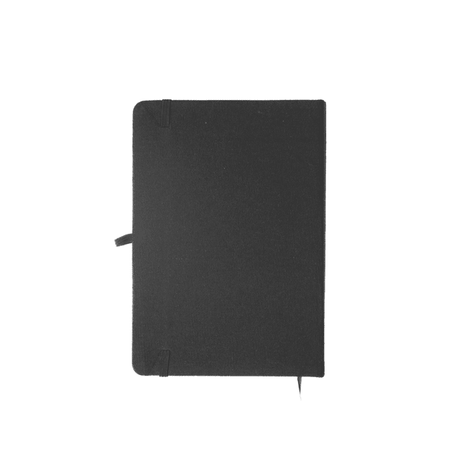A black fabric covered A5 notebook with elastic closure and a ribbon bookmark. It includes a logo on the cover.